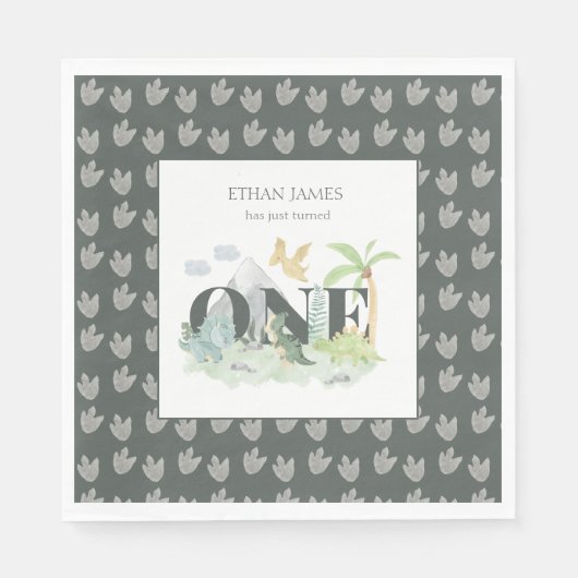 可愛い恐竜ジャングル水彩少年1歳の誕生日 スタンダードランチョンナプキン (正面)