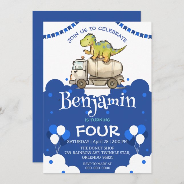 可愛い恐竜セメントトラックバルーンスクール誕生日 (正面/裏面)