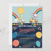 可愛い恐竜トラクタートラックのレインボー誕生日ボーイ 招待状 (正面)