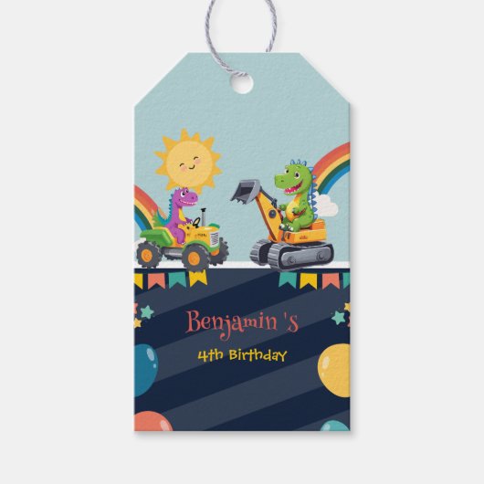 可愛い恐竜トラクタートラックレインボーバルーンHBD ギフトタグ (正面)