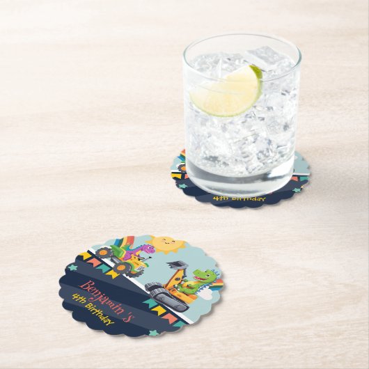 可愛い恐竜トラクタートラックレインボーバルーンHBD ペーパーコースター (インサイチュ)