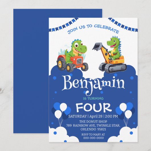 可愛い恐竜トラクター掘るトラックのバルーン誕生日 (正面/裏面)