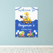 可愛い恐竜トラクター掘るトラックのバルーン誕生日 キャンバスプリント (インサイチュ (ウッドフロア))