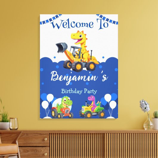可愛い恐竜トラクター掘るトラックのバルーン誕生日 キャンバスプリント (インサイチュ (リビング))