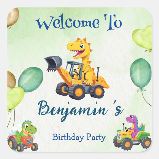 可愛い恐竜トラクター掘るトラックのバルーン誕生日 スクエアシール (正面)