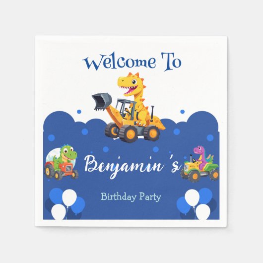 可愛い恐竜トラクター掘るトラックのバルーン誕生日 スタンダードカクテルナプキン (正面)