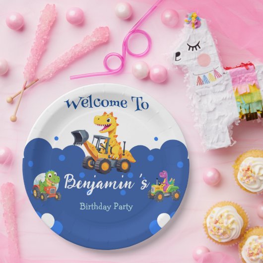 可愛い恐竜トラクター掘るトラックのバルーン誕生日 ペーパープレート (パーティー)