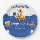 可愛い恐竜トラクター掘るトラックのバルーン誕生日 ペーパープレート (正面)