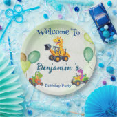 可愛い恐竜トラクター掘るトラックのバルーン誕生日 ペーパープレート (パーティー)