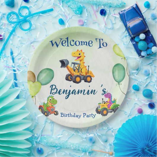 可愛い恐竜トラクター掘るトラックのバルーン誕生日 ペーパープレート (パーティー)