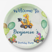 可愛い恐竜トラクター掘るトラックのバルーン誕生日 ペーパープレート (正面)