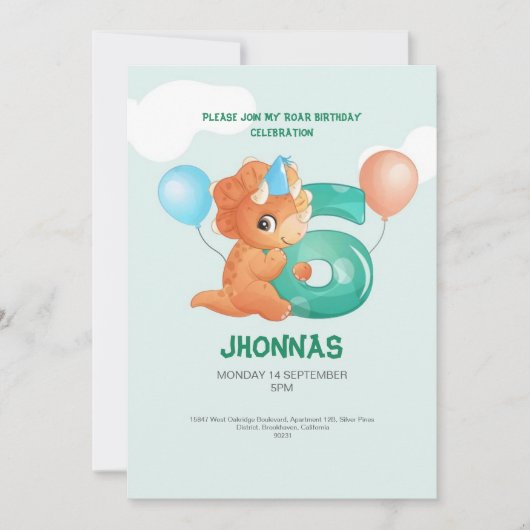 可愛い恐竜トレックスパーティー6歳の誕生日の招待状 招待状 (正面)