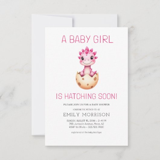 可愛い恐竜ハッチングもうすぐ赤ちゃん女の子シャワー 招待状 (正面)