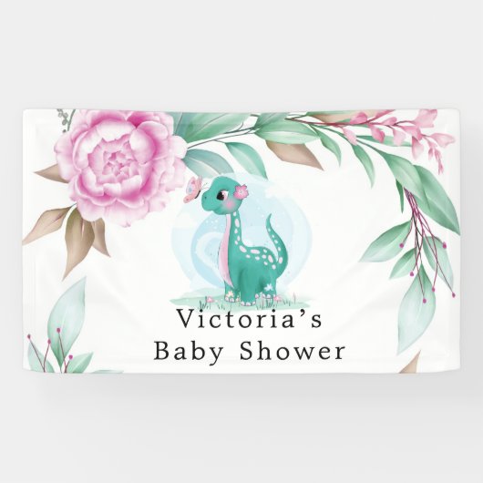 可愛い恐竜バタフライピンク牡丹ベビーシャワー 横断幕 (横)