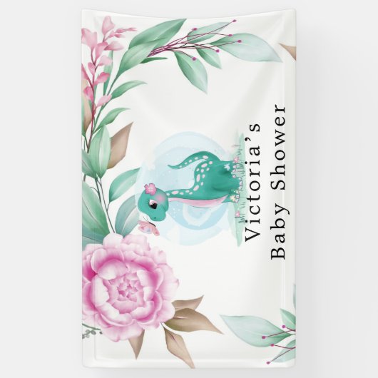 可愛い恐竜バタフライピンク牡丹ベビーシャワー 横断幕 (縦)