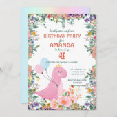 可愛い恐竜バルーンフローラ子供の誕生日パーティー 招待状 (正面/裏面)