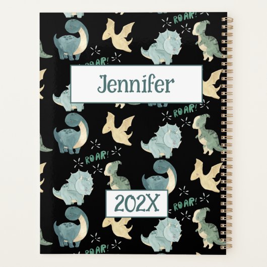 可愛い恐竜パーソナライズされた黒2024日なし プランナー手帳 (裏面)