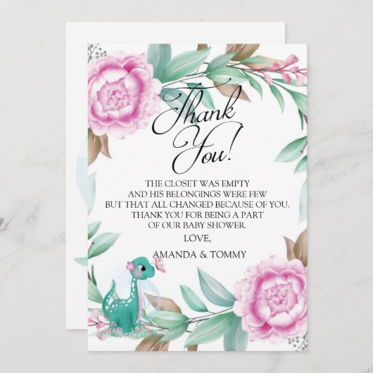 可愛い恐竜ピンクサンキューカード サンキューカード (正面/裏面)