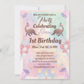 可愛い恐竜ピンク色の子供たち1歳の誕生日 招待状 (正面)