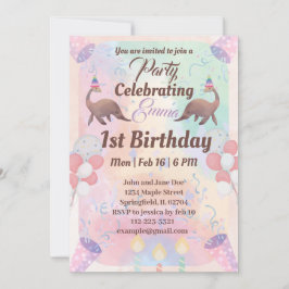 可愛い恐竜ピンク色の子供たち1歳の誕生日 招待状