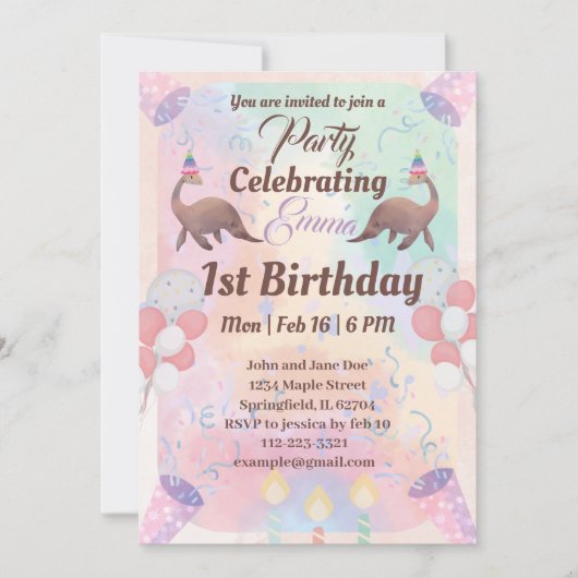 可愛い恐竜ピンク色の子供たち1歳の誕生日 招待状 (正面)