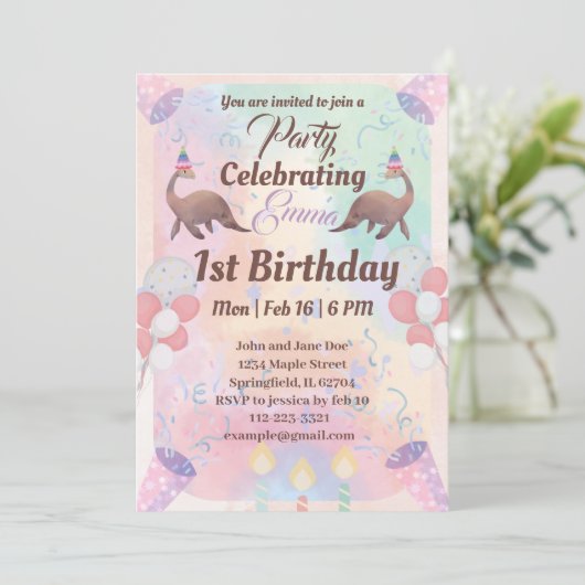 可愛い恐竜ピンク色の子供たち1歳の誕生日 招待状 (スタンド正面)