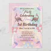 可愛い恐竜ピンク色の子供たち1歳の誕生日 招待状 (正面/裏面)