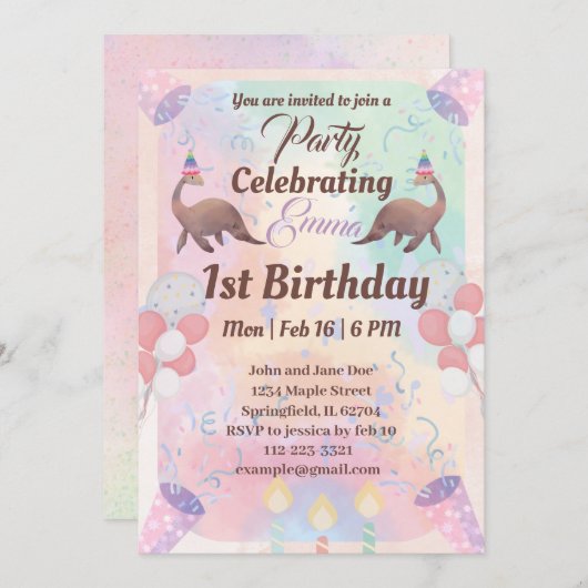 可愛い恐竜ピンク色の子供たち1歳の誕生日 招待状 (正面/裏面)