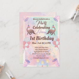 可愛い恐竜ピンク色の子供たち1歳の誕生日 招待状