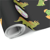 可愛い恐竜ブラックグリーンオレンジの漫画パターン ラッピングペーパー (ロールコーナー)