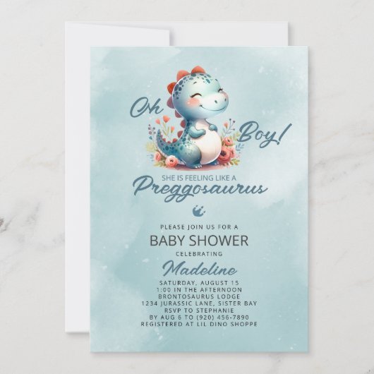 可愛い恐竜プレグゴサウルス赤ちゃんシャワー 招待状 (正面)
