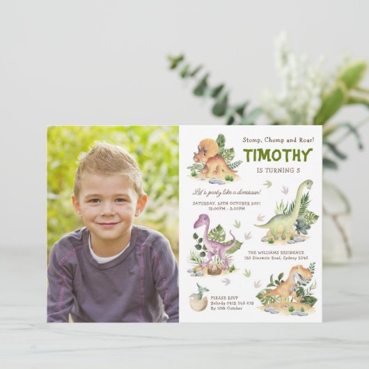 可愛い恐竜ボーイズ誕生日パーティー写真 招待状 (スタンド正面)