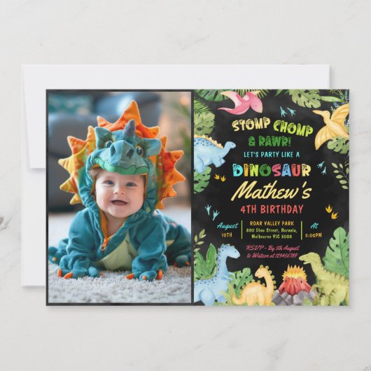 可愛い恐竜ボーイ誕生日ジュラシックDino写真 招待状 (正面)