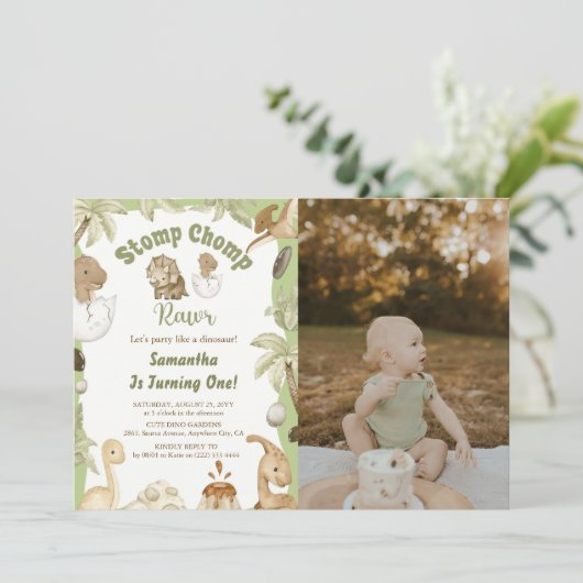可愛い恐竜ボーイ誕生日Dinoパーティー写真 招待状 (スタンド正面)