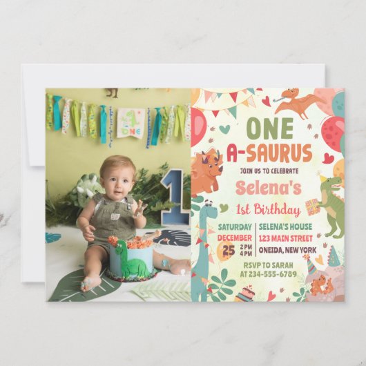 可愛い恐竜ワンサウルス1歳の誕生日の写真 招待状 (正面)