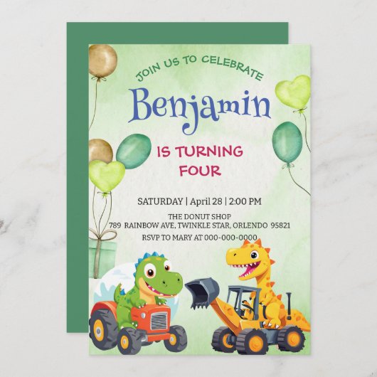 可愛い恐竜建築トラックバルーン誕生日 (正面/裏面)