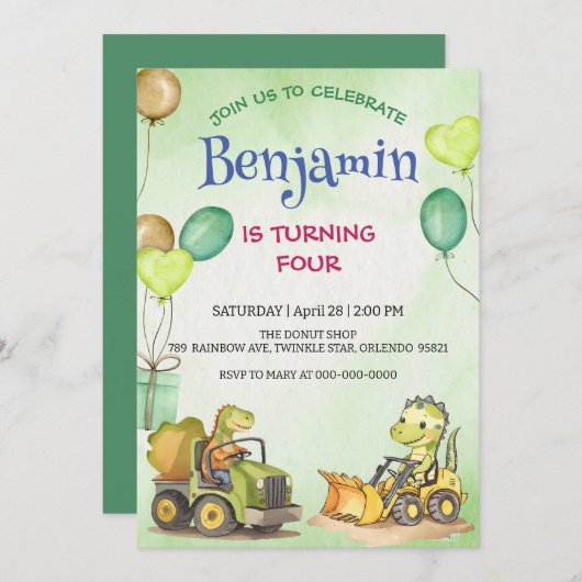 可愛い恐竜建築トラックバルーン誕生日 (正面/裏面)