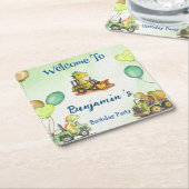 可愛い恐竜建築トラックバルーン誕生日 スクエアペーパーコースター (アングル)