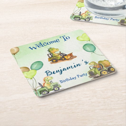 可愛い恐竜建築トラックバルーン誕生日 スクエアペーパーコースター (アングル)