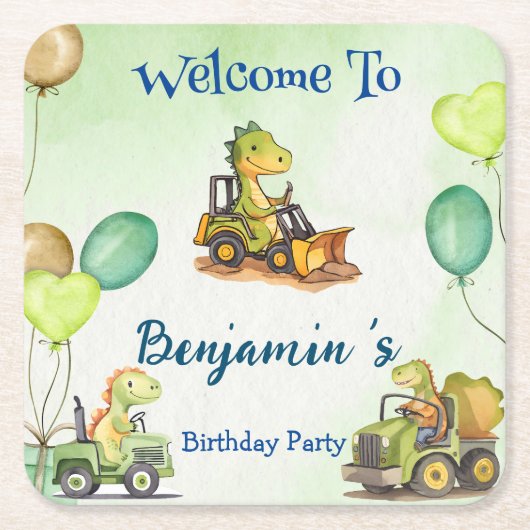 可愛い恐竜建築トラックバルーン誕生日 スクエアペーパーコースター (正面)