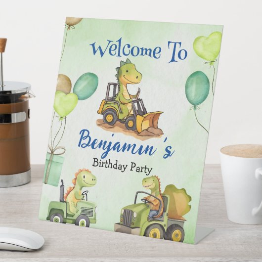 可愛い恐竜建築トラックバルーン誕生日 台座サイン (インサイチュ)