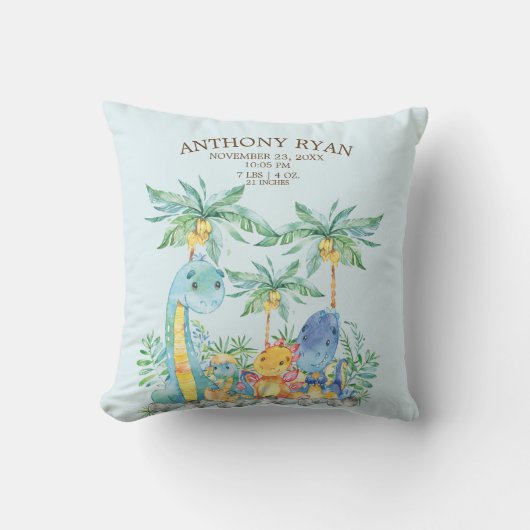 可愛い恐竜男の赤ちゃん誕生統計ピロー クッション (正面)