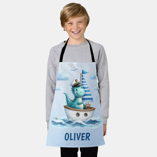 可愛い恐竜航海のキャプテンパーソナライズされたブルー エプロン (着用した状態)