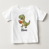 可愛い恐竜遊のフットボール ベビーTシャツ (正面)