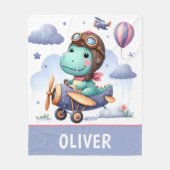 可愛い恐竜飛んでいる紫飛行機 フリースブランケット (正面)