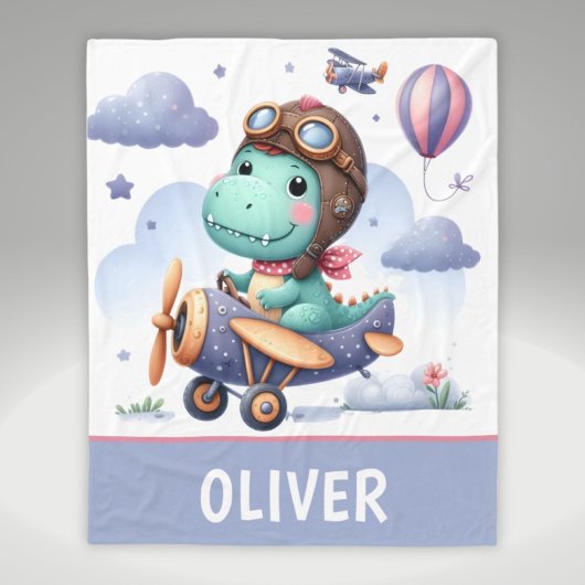 可愛い恐竜飛んでいる紫飛行機 フリースブランケット