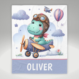 可愛い恐竜飛んでいる紫飛行機 フリースブランケット