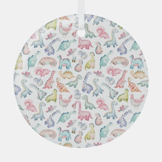 可愛い恐竜、子供の水彩模様。 ガラスオーナメント (正面)