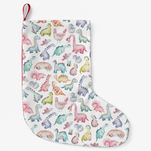 可愛い恐竜、子供の水彩模様。 スモールクリスマスストッキング (正面)