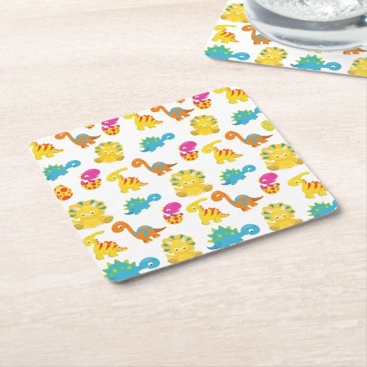 可愛い恐竜、恐竜のパターン、ベビーDino スクエアペーパーコースター (アングル)